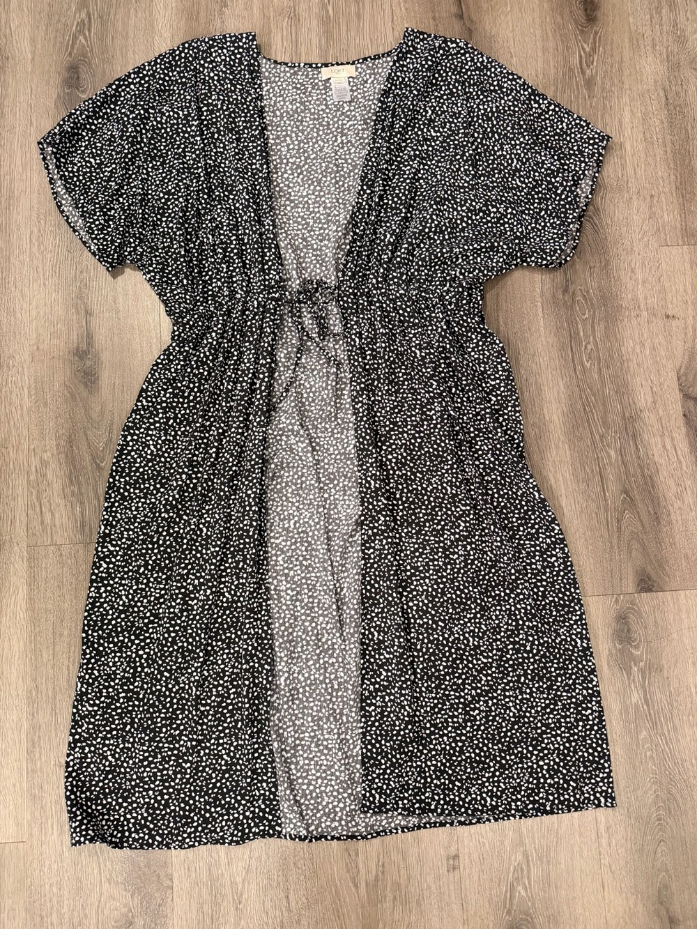 LOFT Black and White Speckled Drawstring Kimono Cover-Up